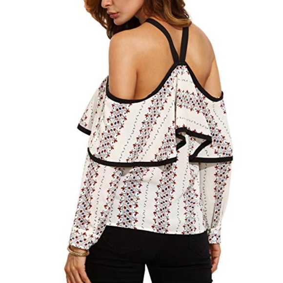 ❗️SOLD❗️Printed Bow Neck Off the Shoulder Top - Picture 3 of 5